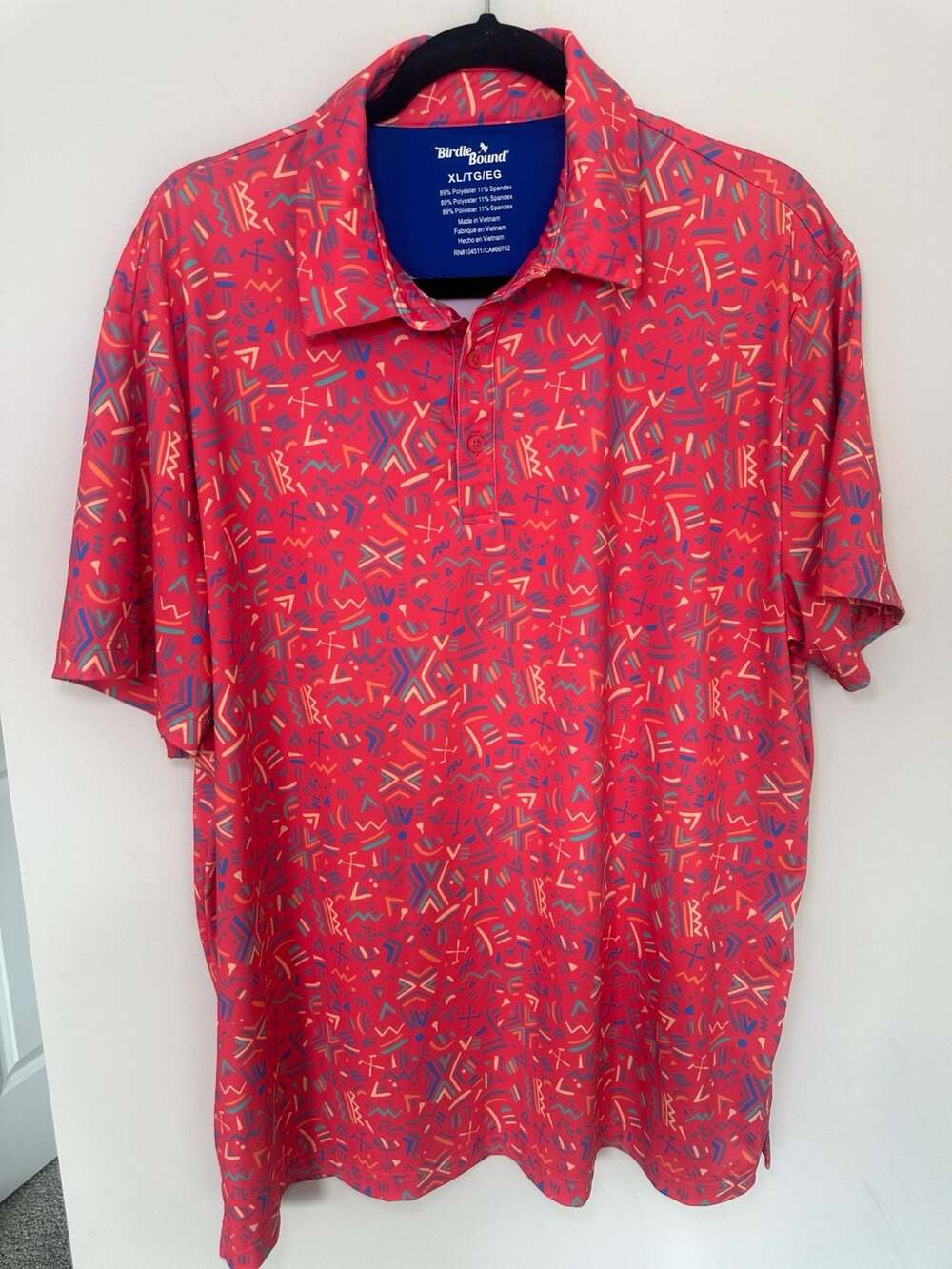Birdie Bound Golf Polo Shirt XL Red Geometric Novelty Print Stretch